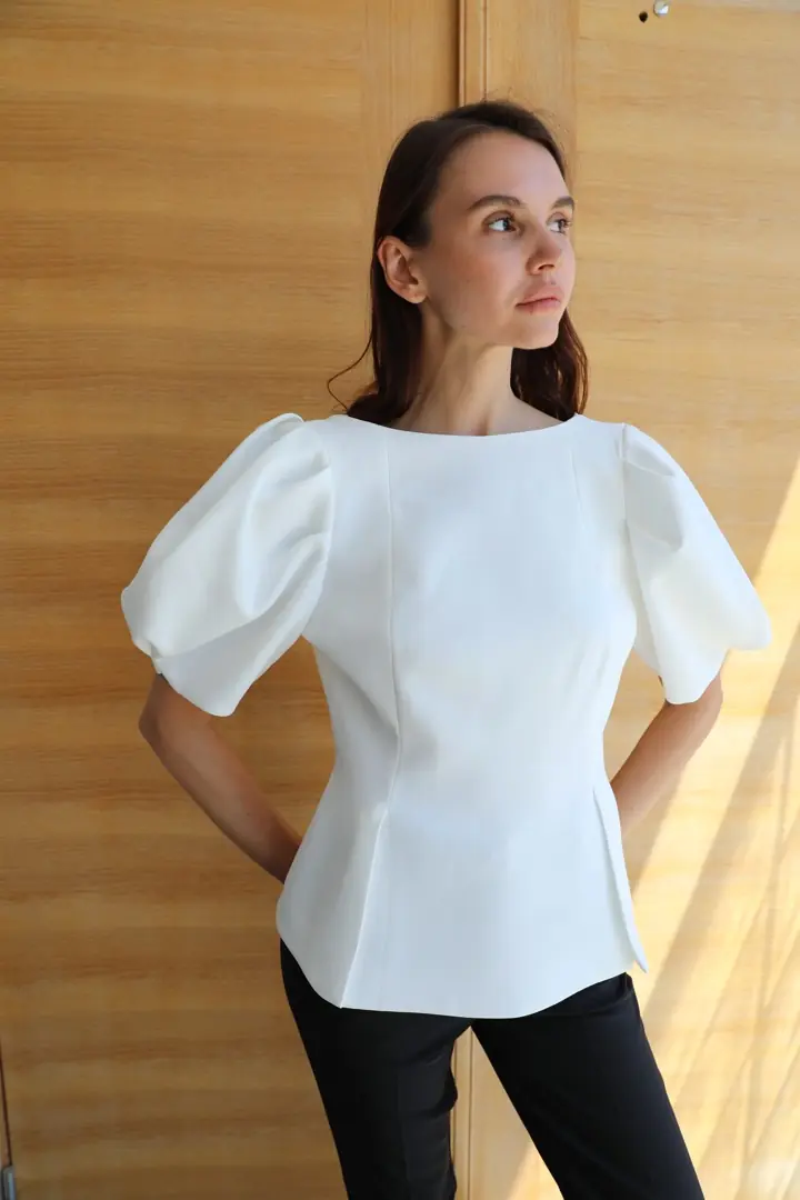82343 Balon Kollu Peplum Bluz
